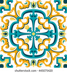 Oriental traditional ornament, Mediterranean seamless pattern, tile design, vector illustration. Yellow, blue, white background.
