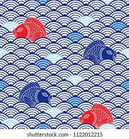 Oriental traditional pattern with catfish and waves. Blue, res and white colors. Colorful nautical background. Asian ceramic ornament. Vector art