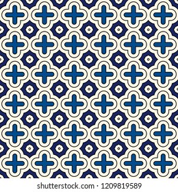 Oriental traditional pattern. Maroccan mosaic tiles. Repeated crosses and stars abstract ornament. Quatrefoil figures wallpaper. Arabesque digital paper, textile print. Vector  seamless surface design