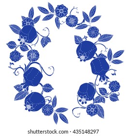 Oriental traditional patterned frame branch and pomegranate fruits as detailed silhouette blue on white background Vector illustration. The best for your design, textiles, posters, t-shirt