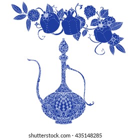 Oriental traditional patterned jug, Flowering branch and pomegranate fruits as detailed silhouette blue on white background Vector illustration. The best for your design, textiles, posters, t-shirt