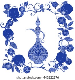 Oriental traditional patterned jug, Flowering branch and pomegranate fruits as detailed silhouette blue on white background Vector illustration. The best for your design, textiles, posters, t-shirt