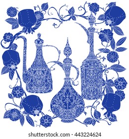 Oriental traditional patterned jug, Flowering branch and pomegranate fruits as detailed silhouette blue on white background Vector illustration. The best for your design, textiles, posters, t-shirt