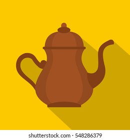 Oriental turkish kettle for tea icon. Flat illustration of oriental turkish kettle for tea vector icon for web isolated on yellow background