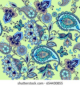 Oriental turquoise seamless paisley pattern. Floral wallpaper. Decorative ornament for fabric, textile, wrapping paper. Traditional oriental seamless paisley pattern.