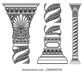 Patrón de columna con grabado de antigüedades retorcidas orientales. Columna de vector