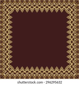 Oriental vector abstract golden frame with arabesques and floral elements. Fine greeting card