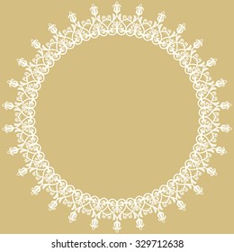 Oriental vector abstract round frame with arabesques and floral white elements. Fine greeting golden card