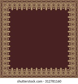 Oriental vector abstract square frame with golden arabesques and floral elements. Fine greeting card