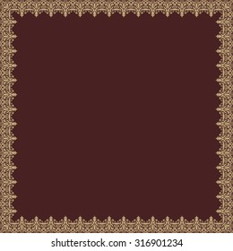 Oriental vector abstract square frame with golden arabesques and floral elements. Fine greeting card