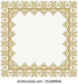 Oriental vector abstract square golden frame with arabesques and floral elements. Fine greeting card