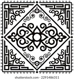 Patrón cuadrado vectorial oriental blanco y negro inspirado en el arte folclórico de Mongolia y Asia Central, decoración tradicional con flores y remolinos. Ornamento retro mongol retro, fondo monocromo