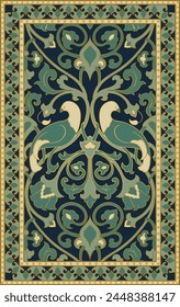 Oriental vector carpet design with birds. Floral green and beige pattern with frame. Ornamental template for rug, textile, tapestry.