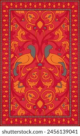 Oriental vector carpet design with birds. Floral red pattern with frame. Ornamental template for rug, textile, tapestry.