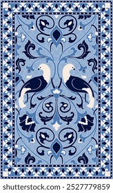 Diseño de alfombra de Vector oriental con aves. Patrón azul floral con marco. Plantilla ornamental para alfombra, textil, tapiz.