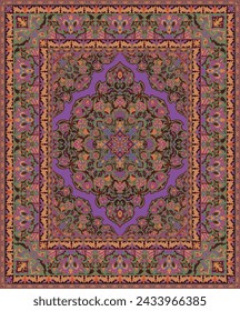 Diseño de alfombra vectorial oriental. Patrón vintage colorido con marco. Fondo ornamental para textil, alfombra, tapiz.