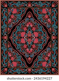 Diseño de alfombra vectorial oriental. Patrón vintage colorido con marco. Fondo ornamental para textil, alfombra, tapiz.