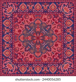 Diseño de alfombra vectorial oriental. Colorido patrón cuadrado vintage con marco. Fondo floral ornamental para textil, alfombra, tapiz.