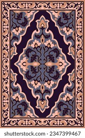 Oriental vector carpet design. Floral purple and beige pattern with frame. Ornamental template for textile, tapestry.