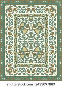 Diseño de alfombra vectorial oriental. Patrón floral verde y beige con marco. Plantilla ornamental para textil, tapiz.