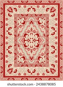 Orientalisches Vektor-Teppichdesign. Blumenrotes und beiges Muster mit Rahmen. Ornamentschablone für Teppich, Textil, Tapisserie.