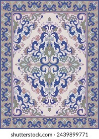 Oriental vector carpet design. Floral vintage pattern with frame. Ornamental template for textile, rug, tapestry.