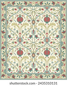 Oriental vector carpet design with pomegranate. Colorful vintage pattern with frame. Ornamental background for textile, rug, tapestry.