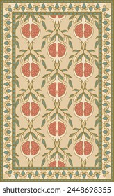 Oriental vector carpet design with pomegranate. Pastel color vintage pattern with frame. Ornamental floral background for textile, rug, tapestry.