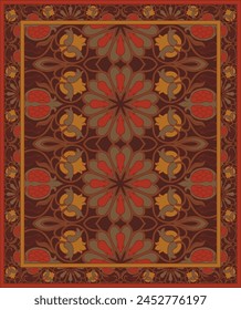 Oriental vector carpet design with pomegranate. Brownd vintage pattern with frame. Ornamental floral background for textile, rug, tapestry.
