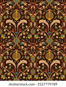 Oriental vector carpet design with pomegranate. Vintage color pattern with frame. Ornamental background for textile, rug, tapestry.