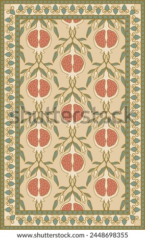Oriental vector carpet design with pomegranate. Pastel color vintage pattern with frame. Ornamental floral background for textile, rug, tapestry.