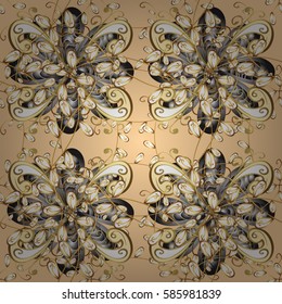 Oriental vector classic beige and golden pattern with white doodles. Seamless abstract background.