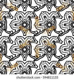 Oriental vector classic beige and golden pattern with white doodles. Seamless abstract background.