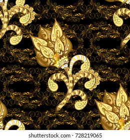 Oriental vector classic black, brown and yellow and golden pattern with white doodles. Seamless abstract background.