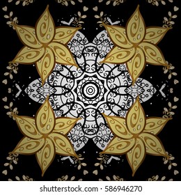 Oriental vector classic black and golden pattern with white doodles. Seamless abstract background.