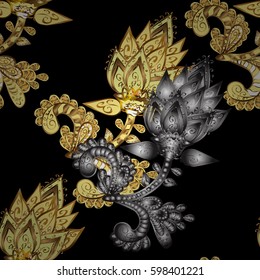 Oriental vector classic black and golden pattern with gray doodles. Seamless abstract background.