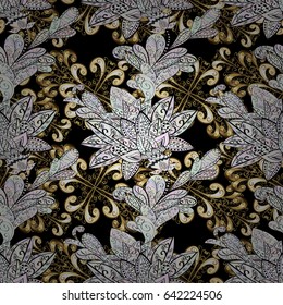 Oriental vector classic black and golden pattern with white doodles. Seamless abstract background.