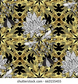 Oriental vector classic black and golden pattern with white doodles. Seamless abstract background.