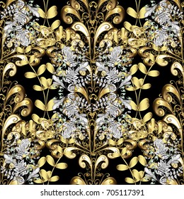 Oriental vector classic black and golden pattern with white doodles. Seamless abstract background.