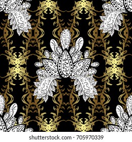 Oriental vector classic black and golden pattern with white doodles. Seamless abstract background.
