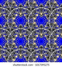 Oriental vector classic black, gray and blue and colorful pattern with white doodles. Seamless abstract background.