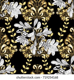 Oriental vector classic black, white and yellow and golden pattern with white doodles. Seamless abstract background.