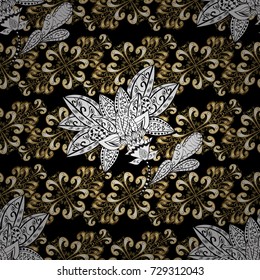 Oriental vector classic black, white and beige and golden pattern with white doodles. Seamless abstract background.