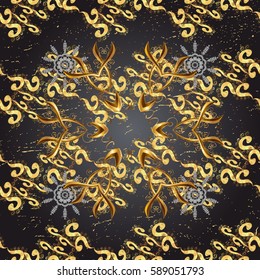 Oriental vector classic blue and golden pattern with white doodles. Abstract background.