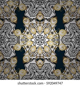 Oriental vector classic blue and golden pattern with white doodles. Seamless abstract background.