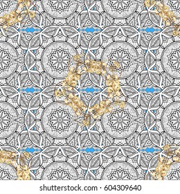 Oriental vector classic blue and golden pattern with white doodles. Seamless abstract background.