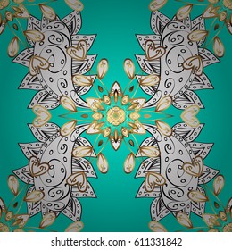 Oriental vector classic blue and golden pattern with white doodles. Seamless abstract background.