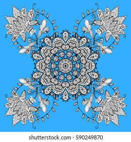 Oriental vector classic blue and white and white pattern with doodles. Abstract background. White isolated elements.