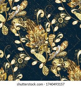 Oriental vector classic blue and yellow and golden pattern. Seamless abstract background. Vector illustration.
