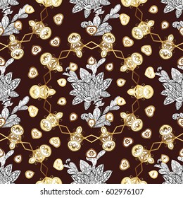 Oriental vector classic brown and golden pattern with white doodles. Seamless abstract background.
